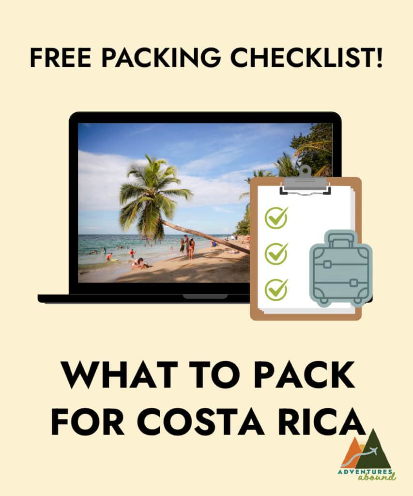 Graphic promoting a travel checklist with the text "FREE PACKING CHECKLIST" and "WHAT TO PACK FOR COSTA RICA". A laptop screen shows a tropical beach with palm trees and people swimming while a clipboard with checkmarks and a suitcase icon sits in front.