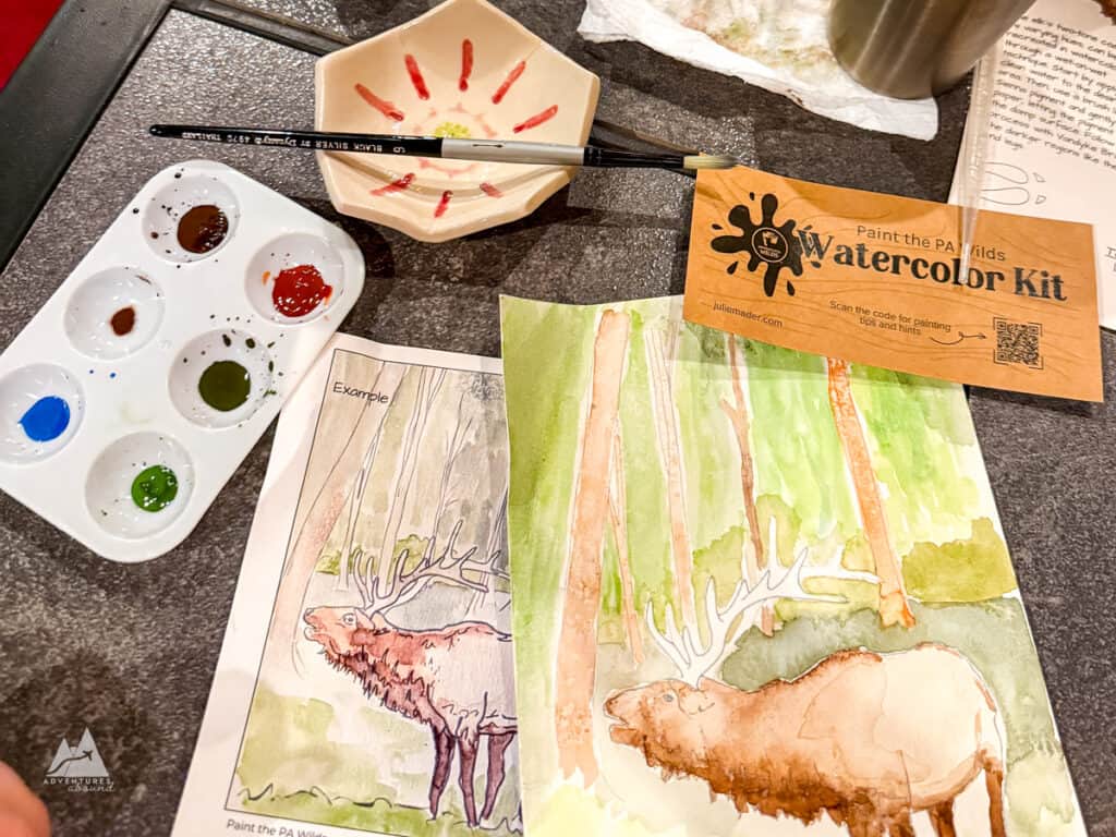 A painting kit on a table with a palette of blue, brown, green, and rusty paints, an example painting of an elk and my rough recreation in watercolor, a mountain laurel shaped clay dish holding a paintbrush, and a brown paper that says "Paint the PA Wilds Watercolor Kit" with a QR code leading to the painting instructions.